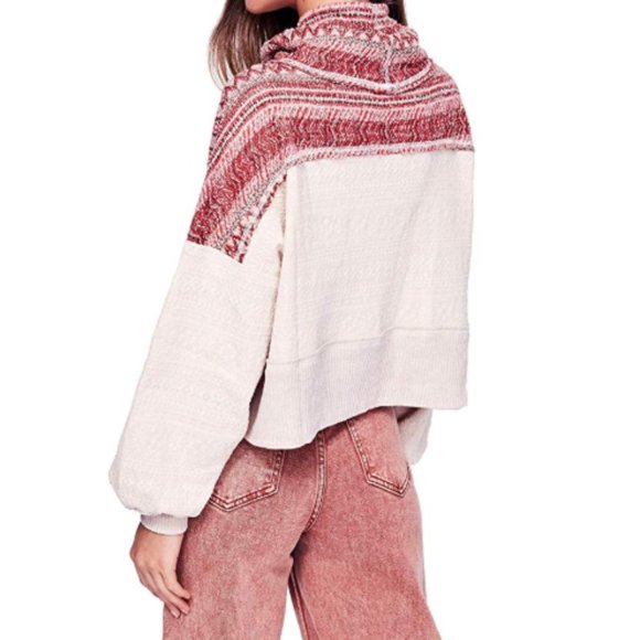 NWT Free People At the Lodge Cowl Neck Sweater Pullover XS Cream Red - Picture 2 of 8